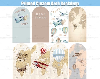 Adventure Arch Backdrop Hot air balloon Airplane Baby Shower Awaits Begin Travel Map Birthday