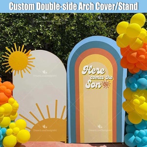 Here Comes the Son Arch Backdrop Cover Boy Baby Shower Party Sun Retro Groovy Balloons Garland Stand Frame Panel Sunshine Chiara Wall Round