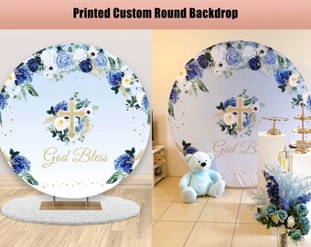 Personalizzato Dio benedica sfondo rotondo Copertina Fiore blu Bambino Battesimo Battesimo Festa Cerchio Ragazza Ragazzo Sfondo fotografico Banner personalizzato