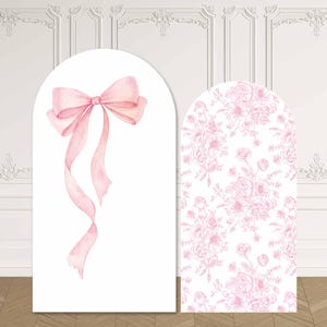 Arco floral con lazo rosa, fondo con flores de verano, para despedida de soltera, fiesta de niña, Toile de Jouy, baby shower, coqueta, soporte personalizado, letrero de boda