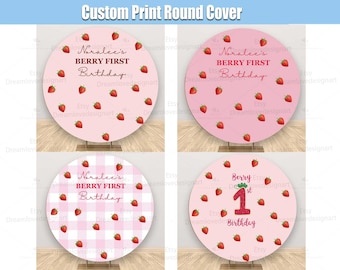 Strawberry Round Backdrop Cover Berry First 1st Birthday Baby Girl Birthday Party Pink Custom Circle Custom Personalized Sign Decoration