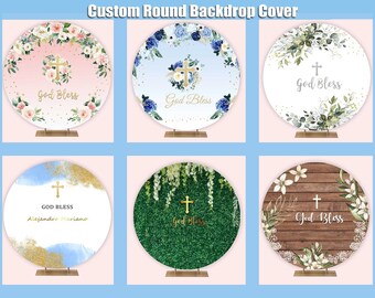 thumbnail image 2 of SENDY 7.2x7.2ft God Bless Round Backdrop Cover Baptism Party Decorations Supplies Blue Watercolor Gold Cross First Holy Communion Christening Baby Shower Photography Background Photo Studio Props 2 of 10