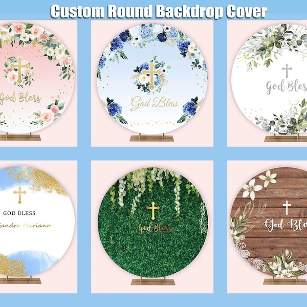 God Bless Round Backdrop Cover Stand Baby Baptism Christening Circle Backdrop Greenery Flowers Custom Arch Party Girl Boy R032