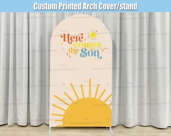 Here Comes the Son Arch Backdrop Cover Stand Frame Slate Blue Boy Baby Shower Party Sun Retro Groovy Panel Sunshine Chiara Wall Arched Sign