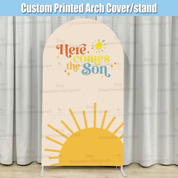 Here Comes the Son Arch Backdrop Cover Stand Frame Slate Blue Boy Baby Shower Party Sun Retro Groovy Panel Sunshine Chiara Wall Arched Sign