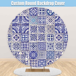 Mediterranean Party Round Backdrop Bridal Shower Custom Round Cover Positano Tiles Circle Backdrop Bride to be Girl Party Arch Photo R013
