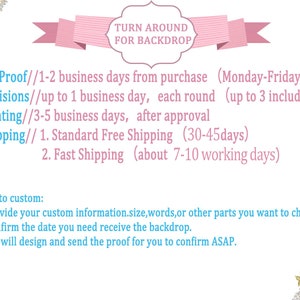 May include: A pink and white striped banner with the text "TURN AROUND FOR BACKDROP" in a white frame. The text below the banner describes the production and shipping times for a backdrop. The text includes: "1st Proof//1-2 business days from purchase (Monday-Friday)", "Revisions//up to 1 business day, each round (up to 3 included)", "Printing//3-5 business days, after approval", "Shipping// 1. Standard Free Shipping (30-45days)", "2. Fast Shipping (about 7-10 working days)". The text below the shipping information says: "How to custom: 1.Provide your custom information.size, words, or other parts you want to change. 2.Confirm the date you need receive the backdrop. 3.We will design and send the proof for you to confirm ASAP."