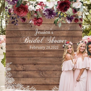 Bridal Shower Party Backdrop Rustic Wood Wedding Photo Booth Tapestry Bride to be Burgundy Flowers Photography Background Photo Girl Banner