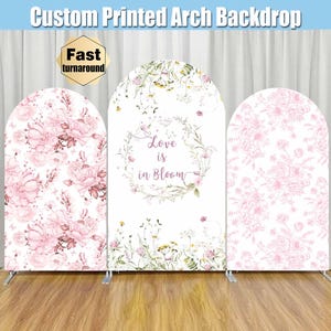 Love in Bloom Bridal Shower Arch Backdrop Cover Pink Wildflowers Bride to be Toile de Jouy Floral Party Custom Arched Chiara Panels Stand