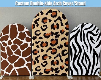 May include: Three arch covers with different animal print designs. The left cover features a brown and white giraffe print, the middle cover features a brown, orange, and white leopard print, and the right cover features a black and white zebra print.