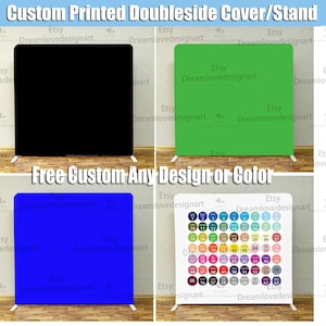 Op de afbeelding: Vier achtergrondstandaards met verschillende gekleurde achtergronden. De achtergronden zijn zwart, groen, blauw en wit met een kleurenkaart. De tekst "Free Custom Any Design or Color" is op de afbeelding gedrukt.