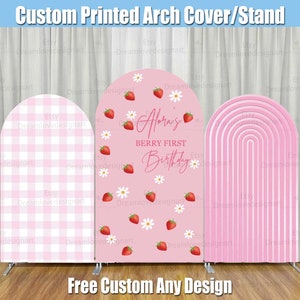 Supporto per fondale ad arco di fragole, supporto per festa di primo compleanno, bacca, personalizzato, rosa, per bambina, doccia, pannelli da parete ad arco Chiara personalizzati