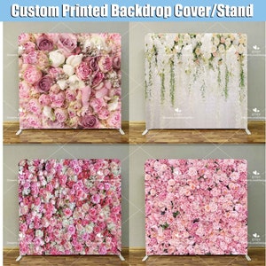 Rose Flowers Wall Square Photobooth Backdrop Custom Cover Stand Pink White Floral Party Background Birthday Bridal Shower Photo Booth Studio