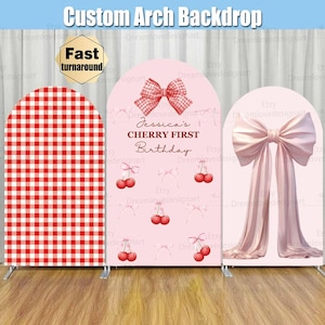 Copertura per fondale ad arco con plaid rosso ciliegia, supporto per fiocco Coquette, bacca, primo compleanno, festa personalizzata per bambina rosa, pannello Chiara ad arco