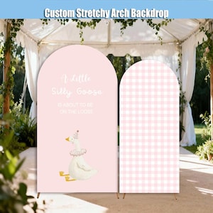 May include: Custom stretchy arch backdrop with two panels. One panel is light pink with a goose illustration and text that reads "A Little Silly Goose IS ABOUT TO BE ON THE LOOSE." The other panel is pink and white gingham.