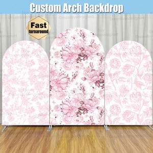 Pink Floral Arch Backdrop Cover Stand Toile Bridal Baby Shower Girl Party Custom Bow Flowers First 1st Birthday Arched Chiara Wall Panels