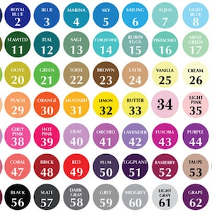 May include: A colour chart displaying a range of hues, each presented in a numbered circle. Colours vary from navy blue to berry, including shades of green, pink, and purple. The chart is designed to showcase a wide spectrum of colour options.