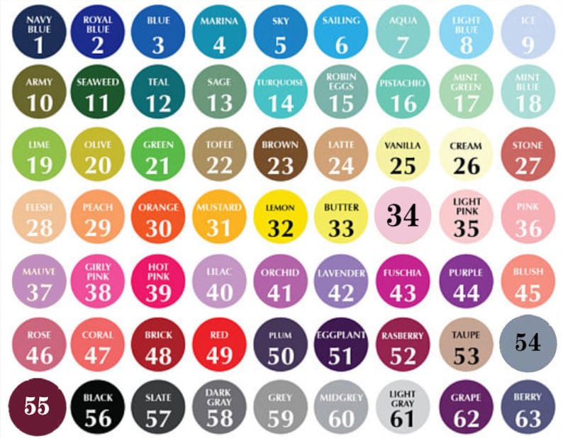 May include: A colour chart displaying a range of hues, each presented in a numbered circle. Colours vary from navy blue to berry, including shades of green, pink, and purple. The chart is designed to showcase a wide spectrum of colour options.