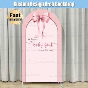 Pink Bow Arch Backdrop Cover Stand Bridal Baby Shower Girl Party Custom Pastel Ripples First 1st Birthday Arched Ribbon Chiara Wall Panels