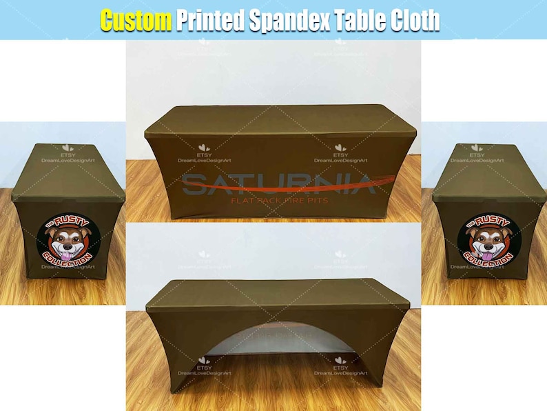 May include: Four brown spandex tablecloths with different designs. One tablecloth features a dog logo with the text "The Rusty Collection". Another tablecloth features the text "Saturnia Flat Rack Pre Pits". The remaining two tablecloths are plain brown.