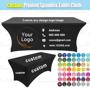 Tovaglia elasticizzata in spandex stampata personalizzata con logo personalizzato, 4 piedi, 6 piedi, 8 piedi, per eventi, fiere, fiere e mercati artigianali.