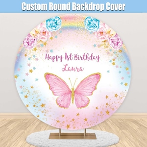 Floral And Butterfly Round Happy 1St Birthday Backdrop