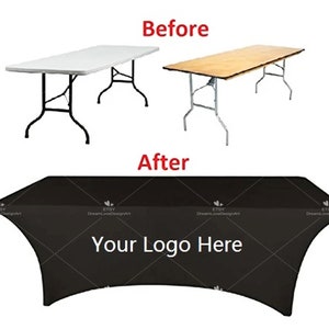 May include: Before and after image showing a black table cover with the text "Your Logo Here" on a standard folding table. The table cover is black and has a fitted design.