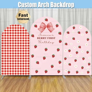 Supporto per fondale ad arco di fragole Coquette Bow Plaid a scacchi Berry First 1st Birthday Party personalizzato Pink Baby Girl Shower Arched Chiara