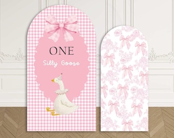 One Silly Goose Birthday Arch Cover Backdrop Stand Pink Plaid Bow Girl Party Custom