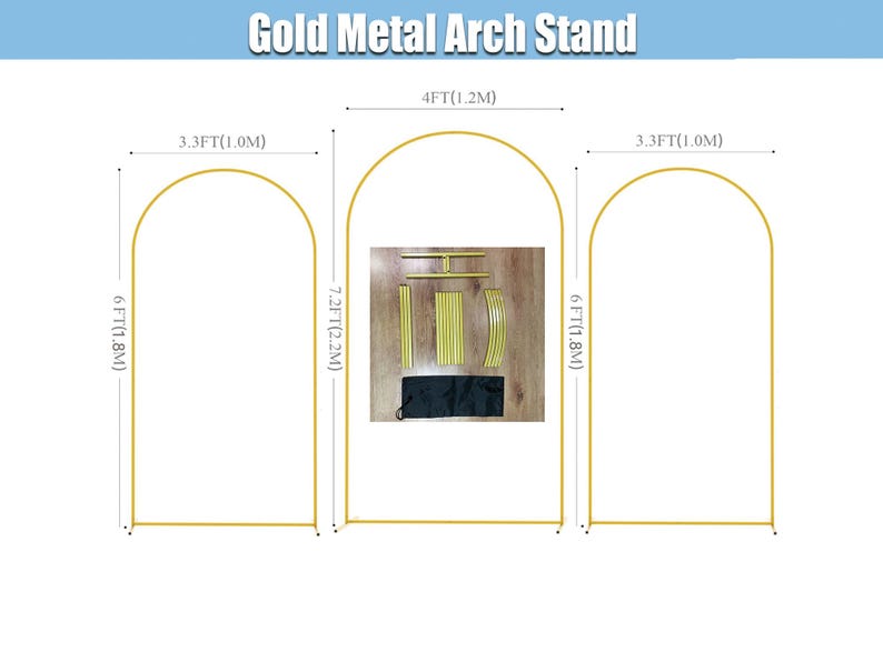 May include: Gold metal arch stand with dimensions shown. The stand is 1.8m tall and 1.0m wide. The central arch is 2.2m tall and 1.2m wide. Includes hardware and a black carrying bag. Text reads: Gold Metal Arch Stand.
