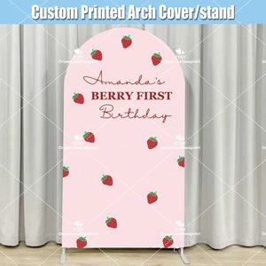 Supporto per copertura per sfondo arco di fragole, primo compleanno, festa di compleanno personalizzata, rosa, per bambina, doccia ad arco, Chiara, pannelli di parete Personliazed G181