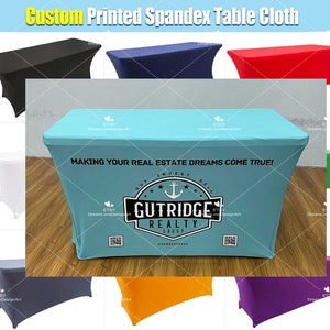 Tovaglia in spandex stampata personalizzata, copertura elasticizzata personalizzata, tovaglia da 4 piedi, 6 piedi, 8 piedi, per eventi, feste, fiere, affari, blu turchese
