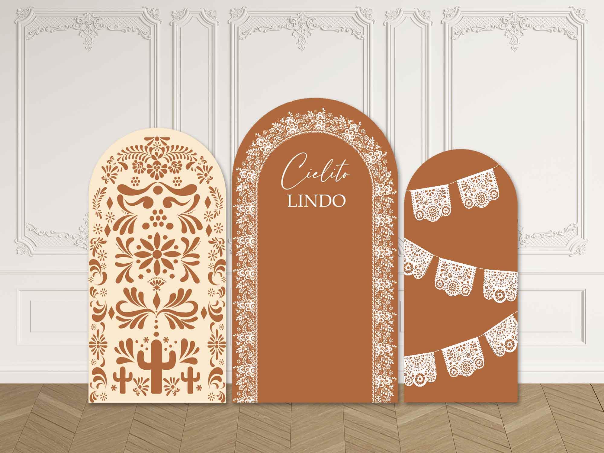 Cielito Lindo Baby Shower Arch Backdrop Cover Brown Talavera Terracotta Baby Girl Mexican Fiesta Party Pastel Custom Chiara Wall Sign Fabric