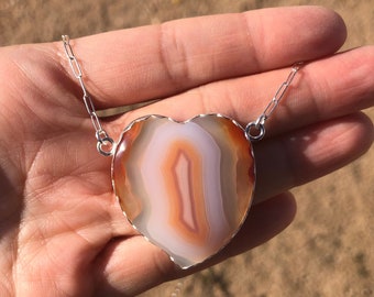 Big Banded Agate Heart Sterling Silver Handmade Necklace