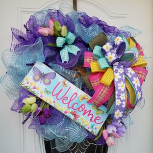 Welcome Wreath, Spring Wreath, Tulips, Butterfly, Deco mesh, Purple