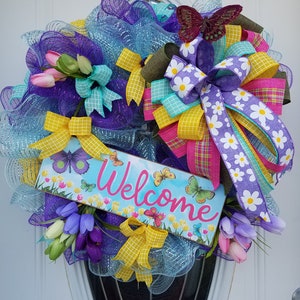 Welcome Wreath, Spring Wreath, Tulips, Butterfly, Deco mesh, Purple
