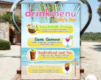 Island Inspired Menu and Recipes , Tropical Cocktail Menu, Beach Bar, DIY Drink Menu, Love Island Inspired Menu, Bar Menu Template,
