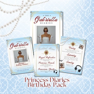 Lot fête Princess Diaries, Modèle d&#39;invitation, Menu cocktail, Modèle d&#39;itinéraire d&#39;anniversaire, Panneau de bienvenue, Genovia, The Princess Diaries