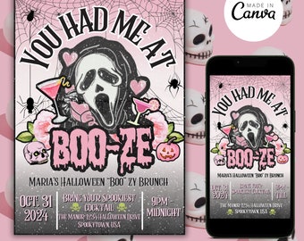 Può includere: Un invito a una festa di Halloween rosa e nero con un'immagine di un fantasma che tiene un cocktail. Il testo recita "You had me at Boo-ze" e include i dettagli per il brunch "Boo" Zy di Halloween di Maria il 31 ottobre 2024, presso The Manor 1234 Halloween Drive, Spookytown, USA.