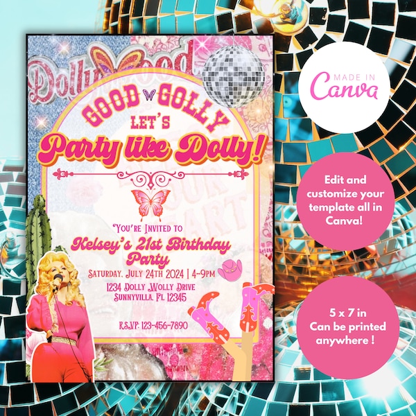 Dolly Inspired Birthday Invitation,  Dolly Parton, Invitation template, Dolly Parton Inspired, Disco Cowgirl, Cowgirl, Girl Birthday