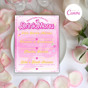 Von der rosa Puppe inspirierte Getränkekarte, Cocktailrezepte, Junggesellenabschied, Partymenü, Barb, Geburtstagsfeier, rosa Cocktailkarte, Menüvorlage