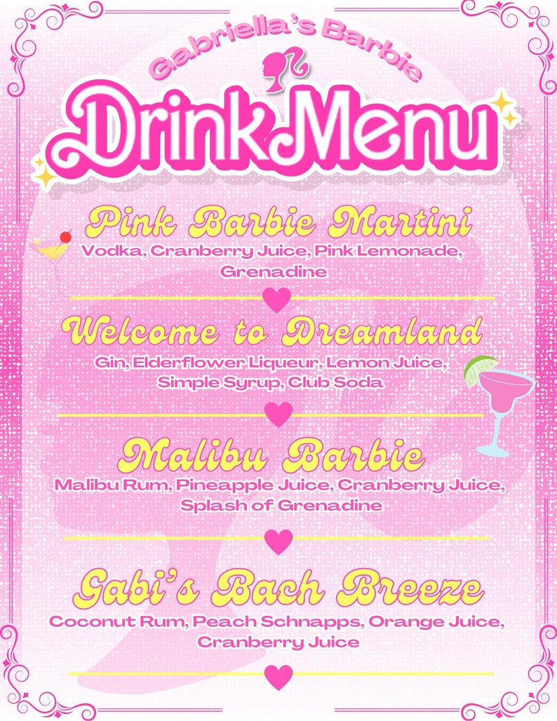 Pink Doll Inspired Drink Menu, Cocktail Recipes, Bachelorette Party ...