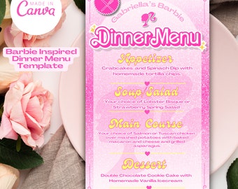 Menú inspirado en Pink Doll // Cena de cumpleaños// Menú de cena // Menú de muñeca rosa // Cumpleaños de niña rosa // Menú de cena de despedida de soltera