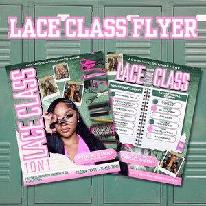 Puede incluir: Un folleto rosa y verde que anuncia una clase de pelucas de encaje. El folleto incluye información sobre la clase, como el precio, lo que se incluye y lo que se aprenderá. El folleto también incluye una foto de una mujer con una peluca de encaje.