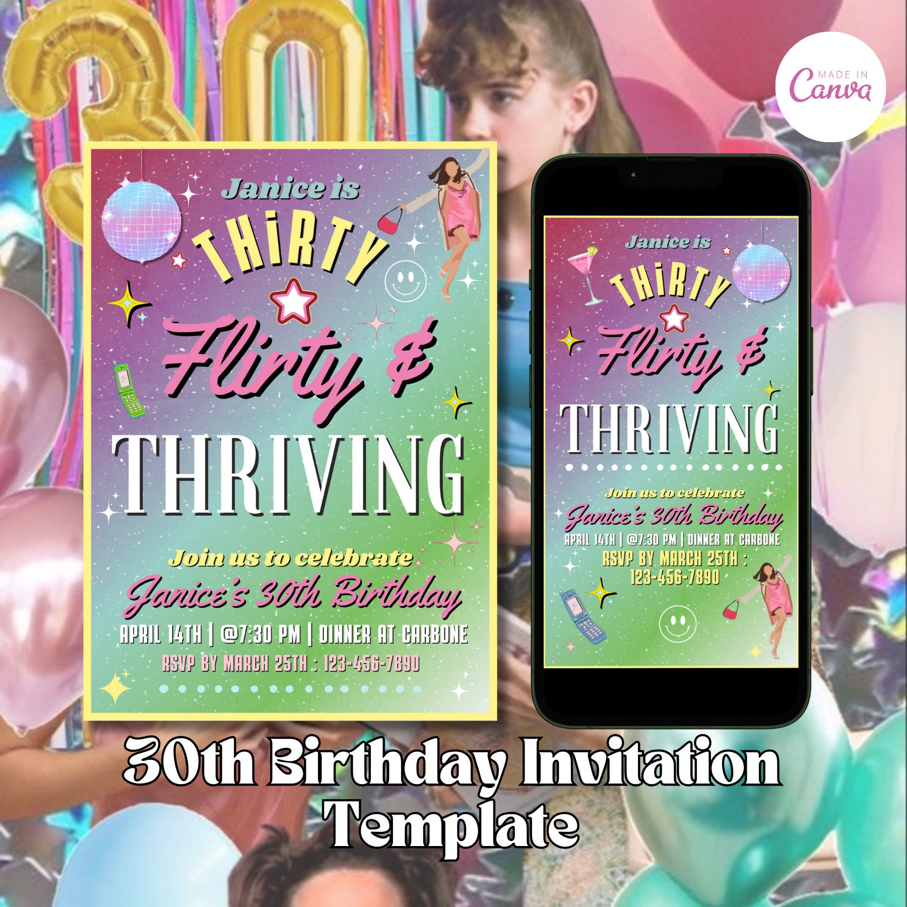 Thirty Flirty and Thriving 30th Birthday Birthday Party 13 going on 30 Retro Invitation 80s party Dirty 30 Invitation