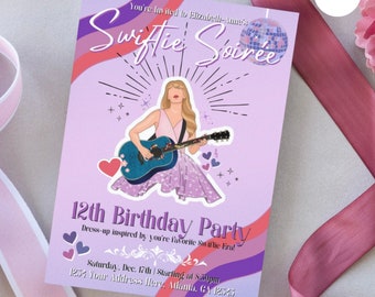 May include: Purple and pink birthday party invitation with a cartoon illustration of a woman playing a guitar. The text reads "You're invited to Elizabeth-Anne's Swiffie Soiree 12th Birthday Party Dress-up inspired by your favorite Swiftie Era! Saturday, Dec. 17th | Starting at 8:30pm 1251 Your Address Here, Atlanta, GA 12523"