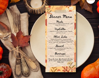 May include: A printable fall dinner menu template with a rustic design. The menu features a variety of autumn-themed dishes, including fried turkey, honey ham roast, baked chicken, collard greens, garlic beans, squash, acre peas, mashed potatoes, macaroni and cheese, stuffing, candied yams, green bean casserole, squash casserole, pound cake, pecan pie, key lime pie, pumpkin pie, sweet tea, lemonade, and water. The menu also includes a Bible verse: "Praise the Lord. Give thanks to the Lord, for he is good; his love endures forever." Psalm 106:1.
