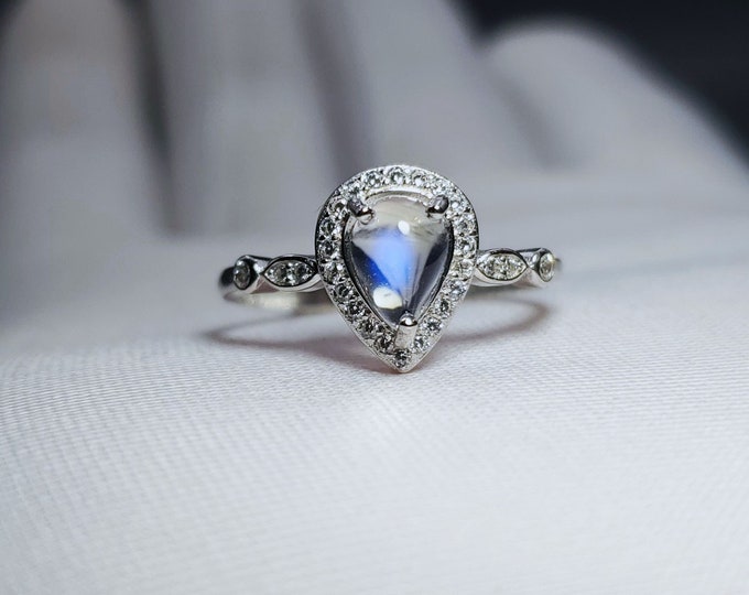 Sri Lanka High Clarity Moonstone Silver Ring, Blue Moonstones Ring in