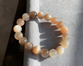 11.5mm+, Natural Multi Color Moonstone Bracelet, Moonstone with Cat eye Effect Bracelet, 彩月光石手串