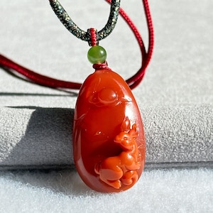 Certified Natural High Grade Untreated Nanhong Agate Hand Carved Rabbit Pendant, 天然无优化川火焰红俏柿子红南红手雕兔子吊坠